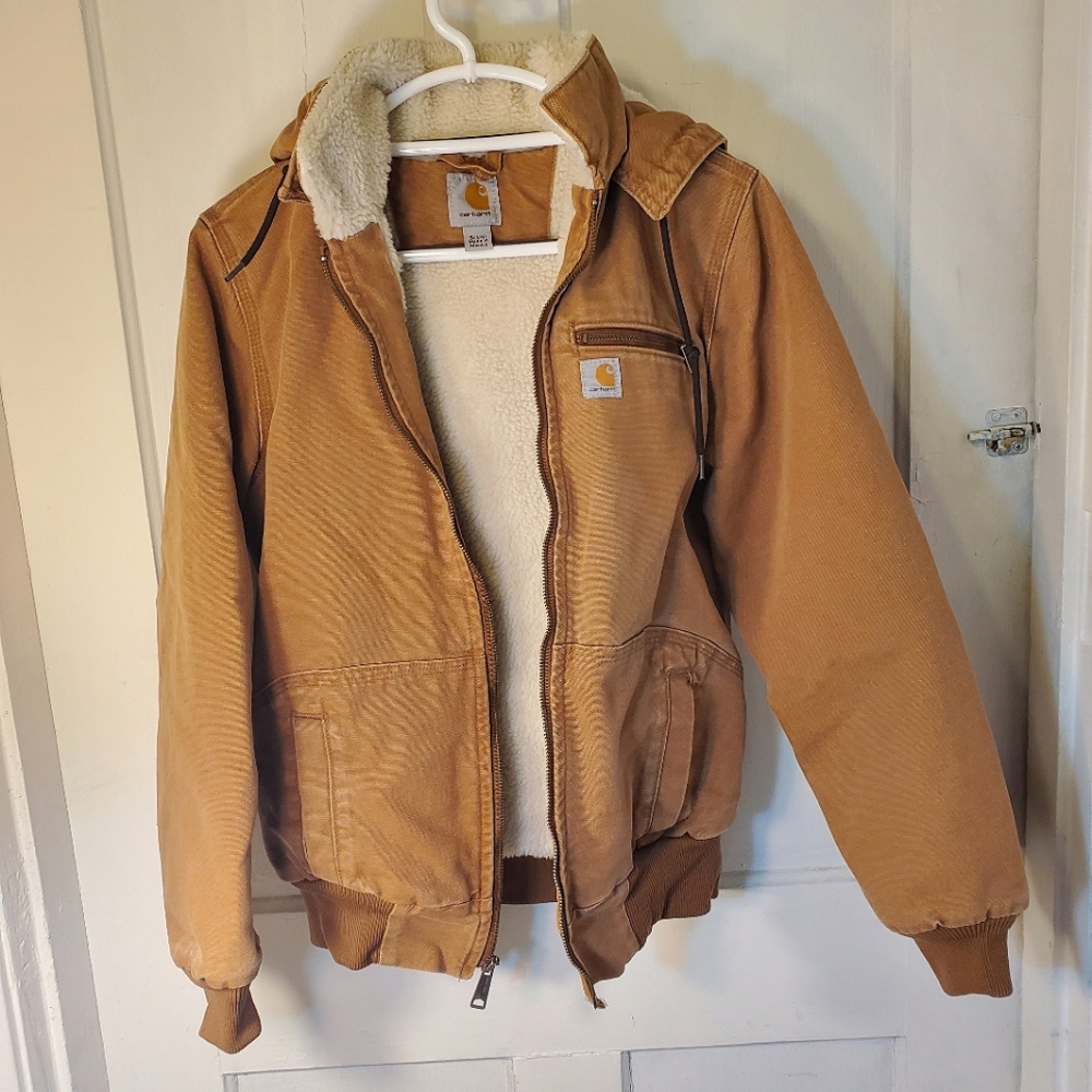 Carhartt Jacket Tan Duck Sherpa Lined Removable Hood Pockets Women's S (4/6)
